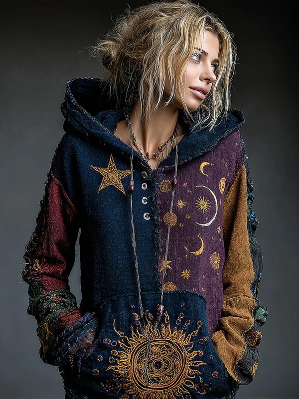 Women's Hippie Art Mysterious Sun Moon Star Print Casual Hoodie