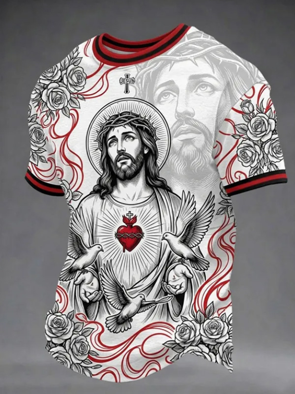 Men's Jesus Sacred Heart with Doves & Roses Print T-Shirt