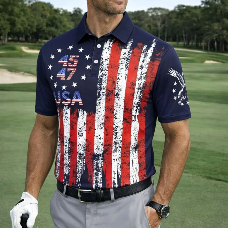 Men's USA Flag Patriotic Golf Polo Shirt | Moisture Wicking American Flag Performance Golf Apparel
