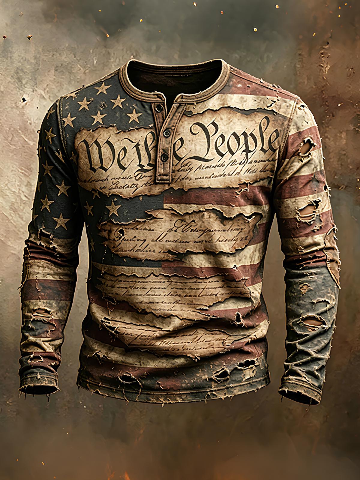 Men's Retro Stars And Stripes We The People Print Henley Long Sleeve T-Shirt