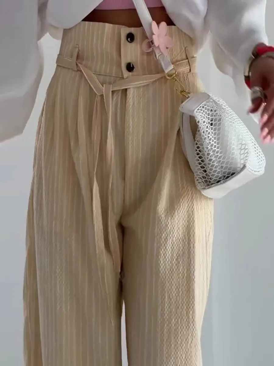 Women's High Waist Lace-Up Stripe Print Casual Cotton and Linen Wide Leg Pants