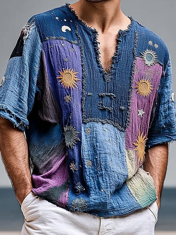 Men's Boho Sun Star Patchwork Art Print Raw Edge V Neck T-Shirt