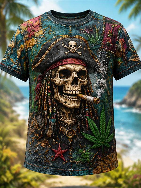 Men's Pirate Cannabis Leaves Colorblock Print Casual T-Shirt