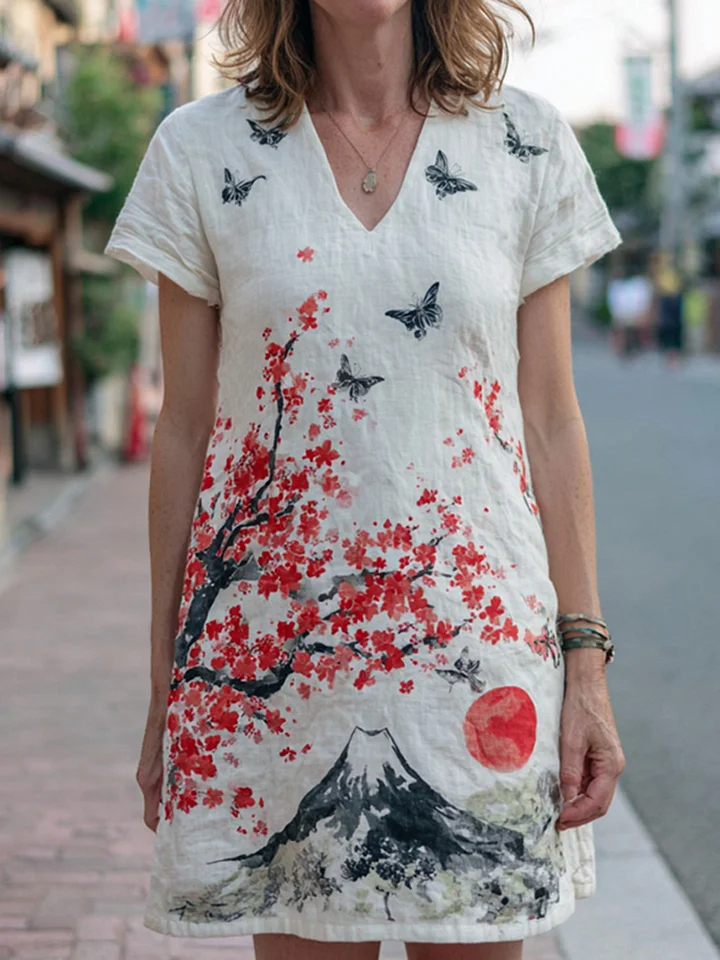 Women's Ink-Wash Art Butterfly Mountain Landscape Print V Neck Mini Dress