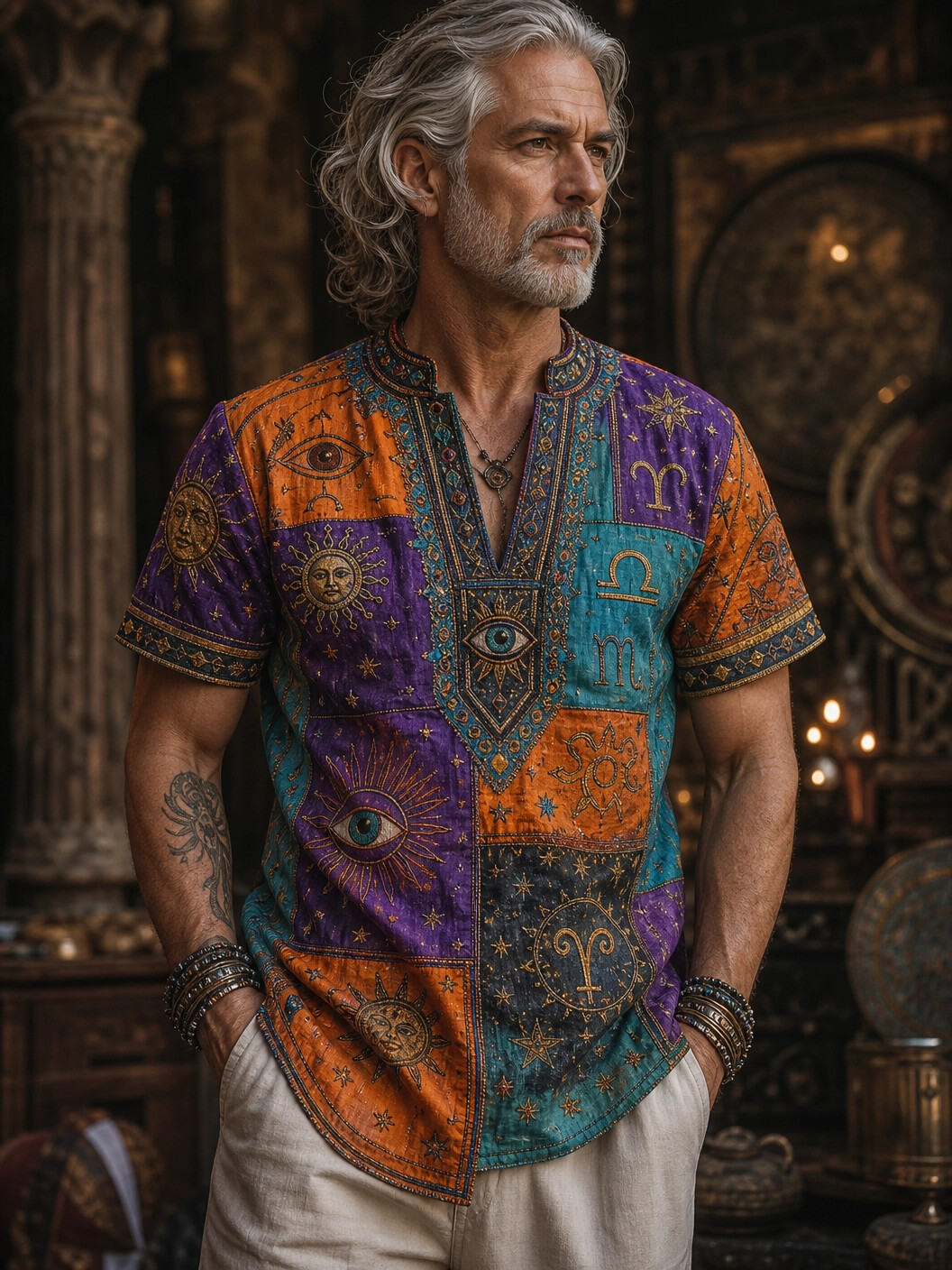 Men's Colorblock Hippie Art Mysterious Eyes Print Casual V Neck T-Shirt
