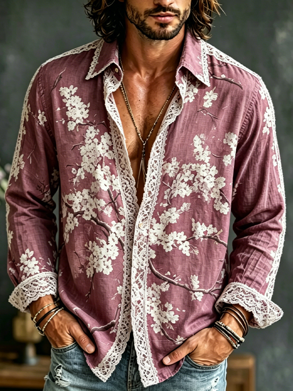 Men's Cherry Blossom Art Print Long Sleeve Shirt