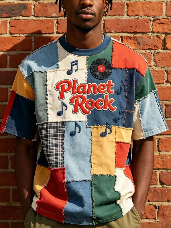 Men's Colorblock Patchwork Art Vinyl Planet Rock Print Casual T-Shirt