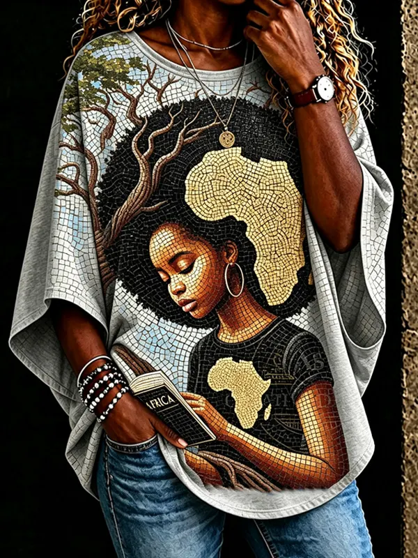 Women's Africa Mosaic Art Reading Girl Print Long Sleeve T-Shirt