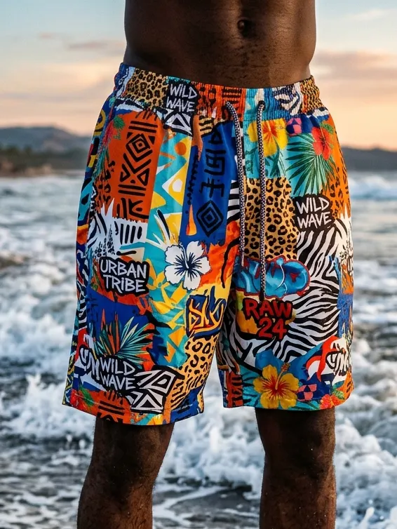 Men's Hawaiian Tropical Tribal Animal Vacation Art Print Casual Shorts
