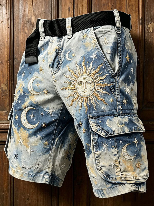Men's Sun Moon Star Ombre Texture Print Denim-Like Cargo Shorts