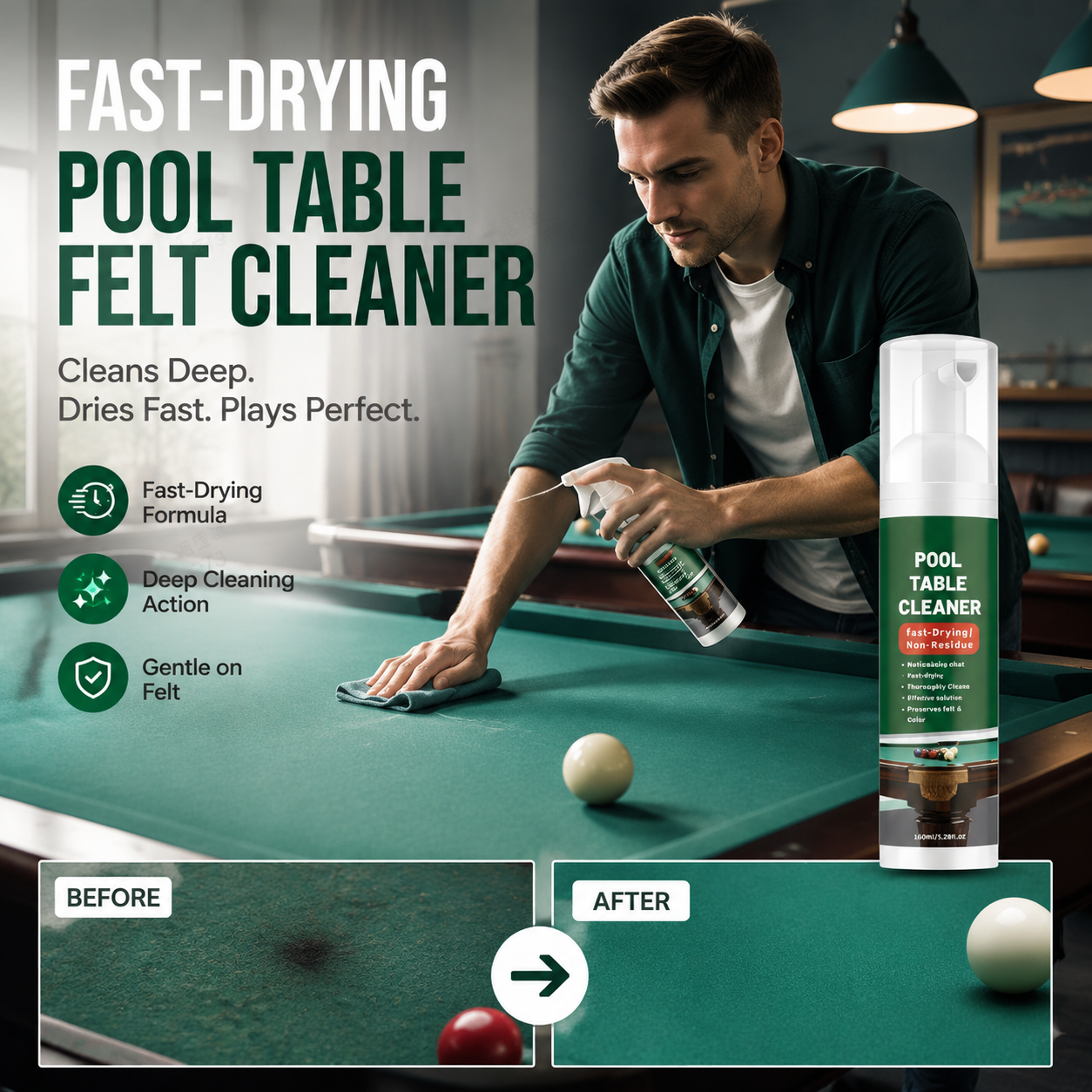 Fast‑Drying Pool Table Felt Cleaner – Deep cleans chalk & oils, cloth‑safe. Quick dry, no residue. Back to the game in minutes! ✨💨