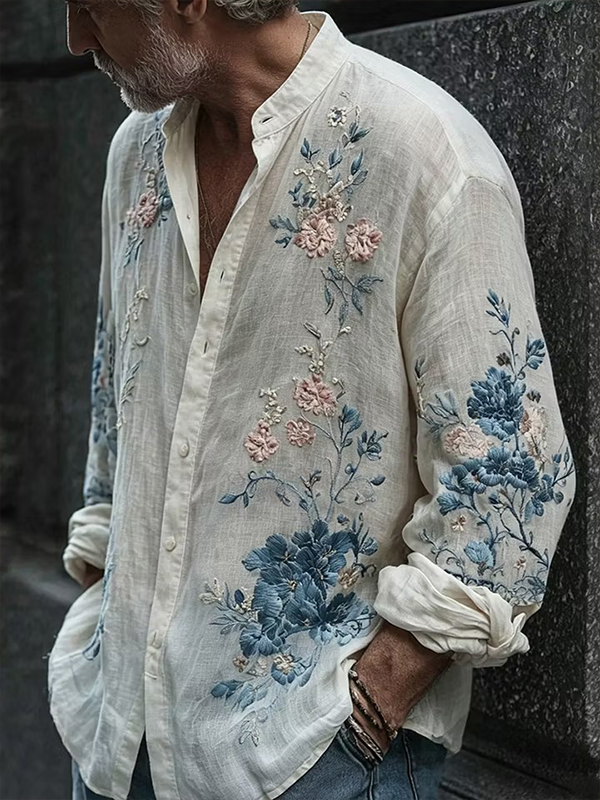 Men's Vintage Floral Embroidery Print Long Sleeve Shirt