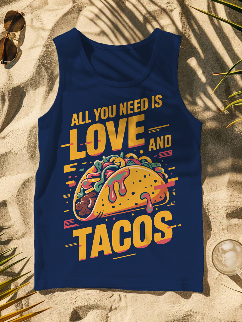 Men's All You Need Is Love And Tacos Print Cotton Tank Top