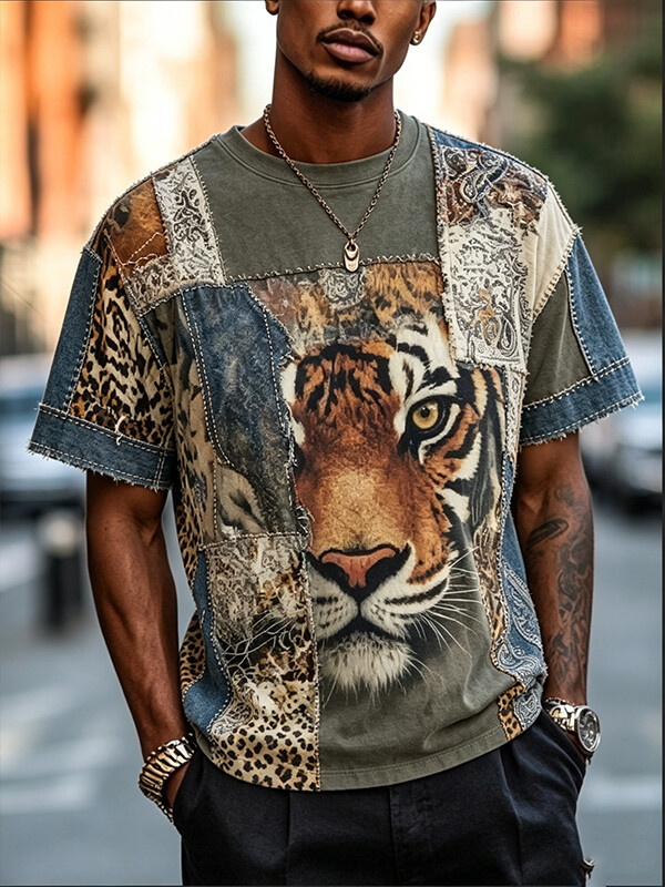 Men's Tiger Leopard Patchwork Art Print Casual T-Shirt