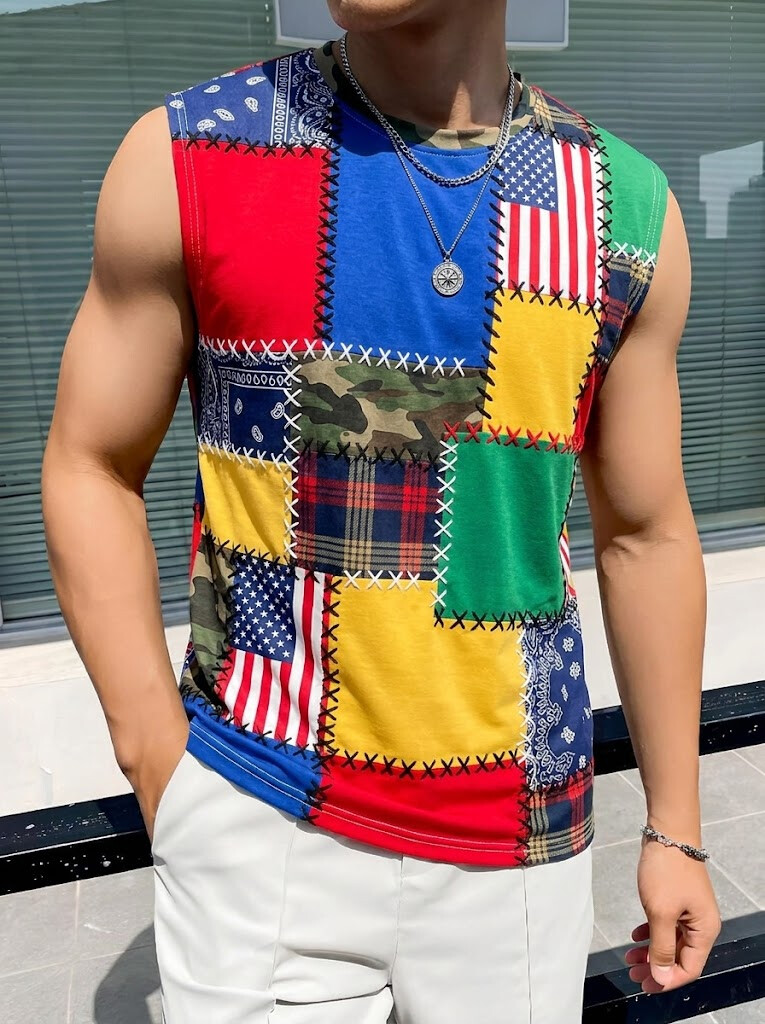 Men's Colorblock American Flag Camo Paisley Stitching Print Tank Top