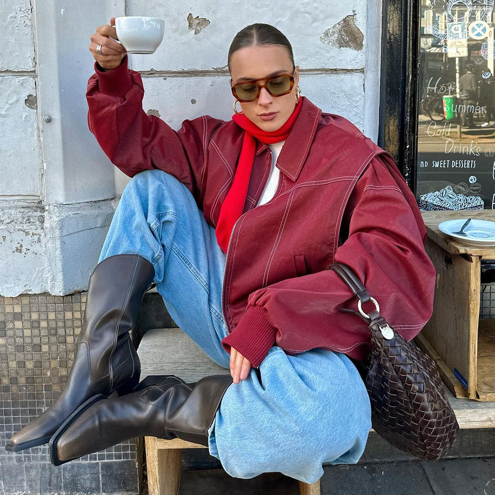 Oversized Contrast Stitch Jacket Red（70% OFF）