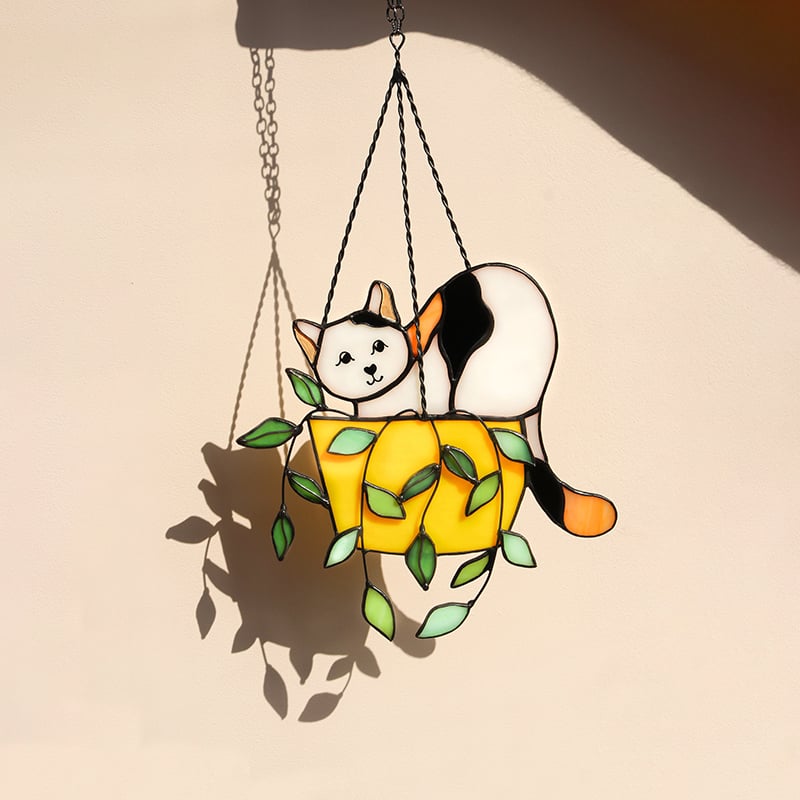 🔥LAST DAY 49% OFF-Cat in a flowerpot Suncatcher Stained Glass Window Hangins😽