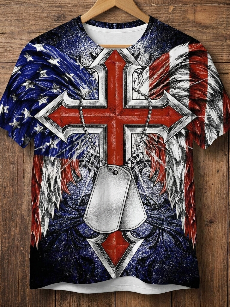 Men's American Flag Cross Wings Dog Tag Art Print T-Shirt