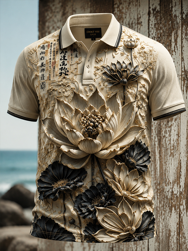 Men's 3D Sculpture Lotus Vintage Calligraphy Print Short Sleeve Polo Shirt