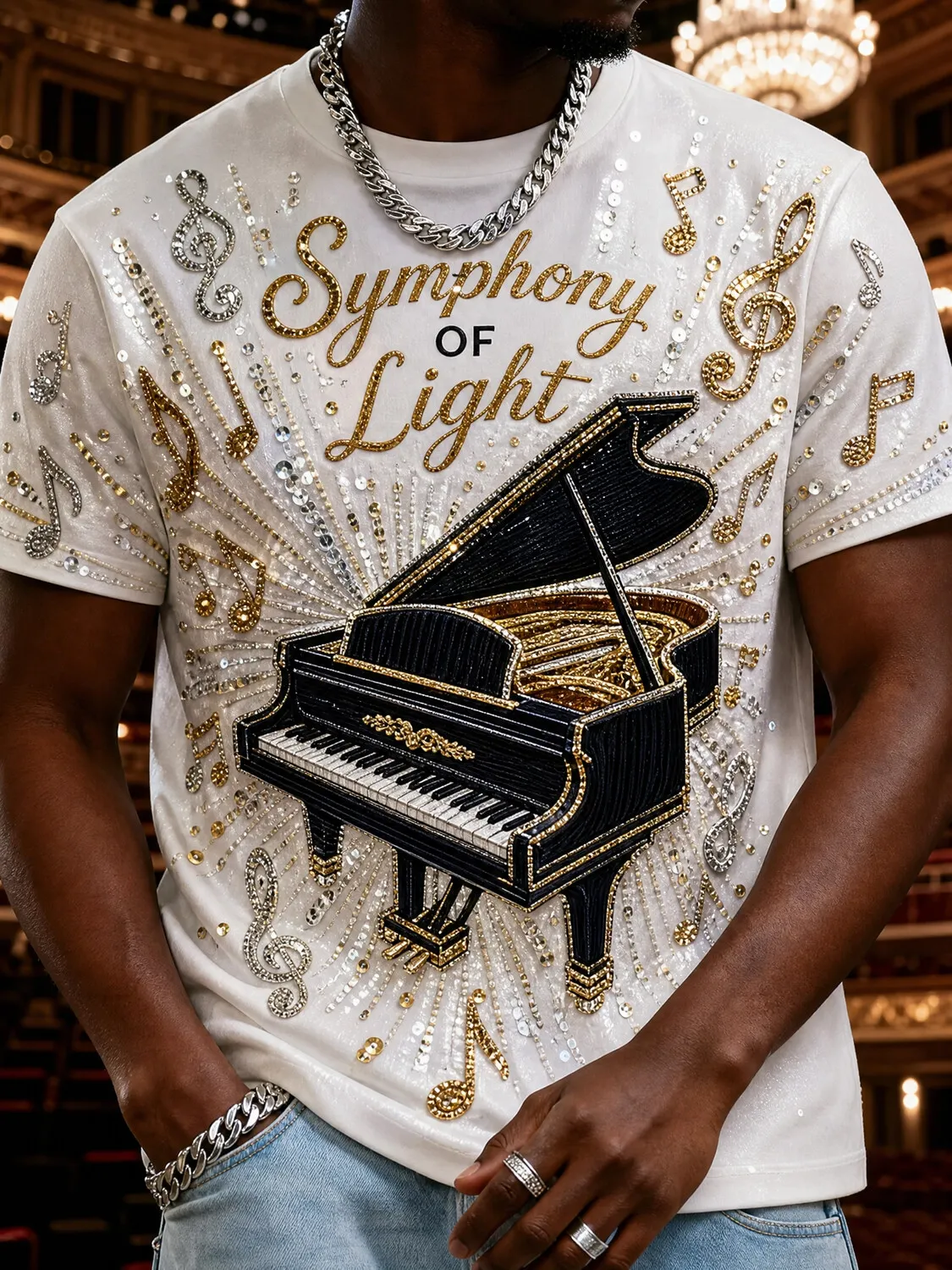 Men's Piano Music Note Symphony Of Light Print Casual T-Shirt
