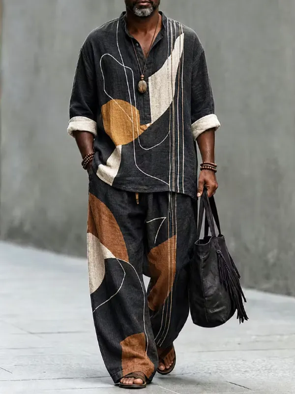 Men's Abstract Geometric Print Half Button Long Sleeve Shirt Pants 2pcs Set