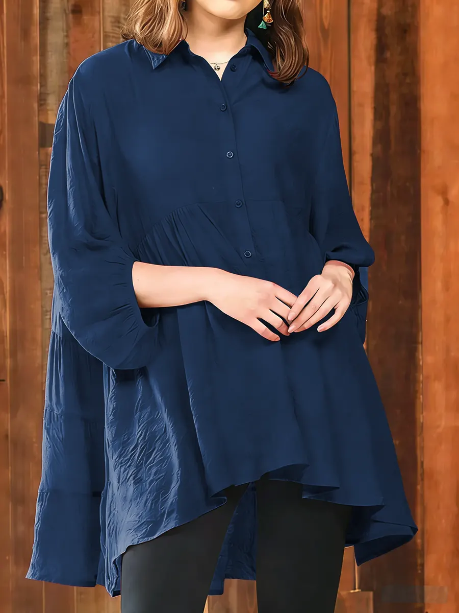 Women's Solid Color Lapel Long-sleeved Casual Loose Cotton Shirt