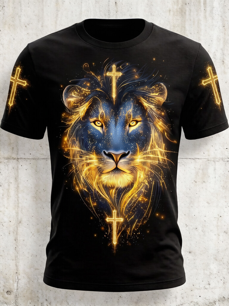 Men's Golden Glowing Lion Cross Art Print T-Shirt