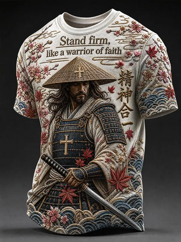 Men's Christian Samurai Warrior Cherry Blossom Wave Maple Leaf Art Print T-Shirt