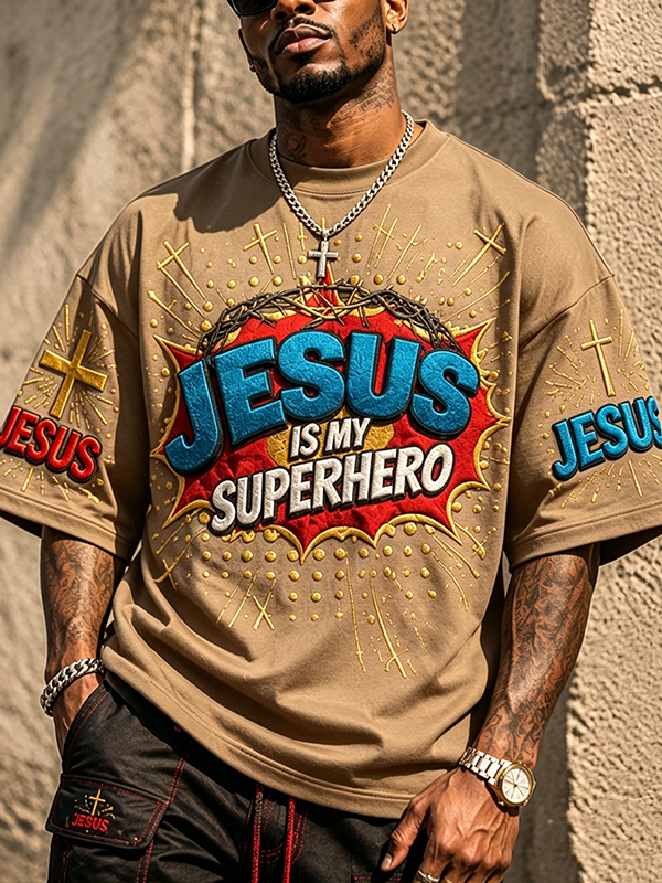 Men's Jesus is My Superhero Cross Graphic Print Cotton Casual T-Shirt