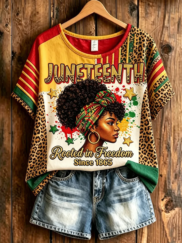Women's Leopard Print Rooted In Freedom Juneteenth Art Print Casual T-Shirt
