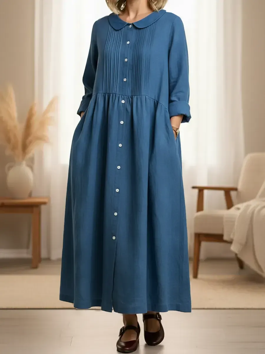 Women's Peter Pan Collar Long-sleeved Cotton And Linen Dress