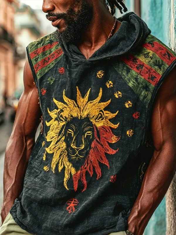 Men's African Lion Art Print Workout Hooded Tank Top