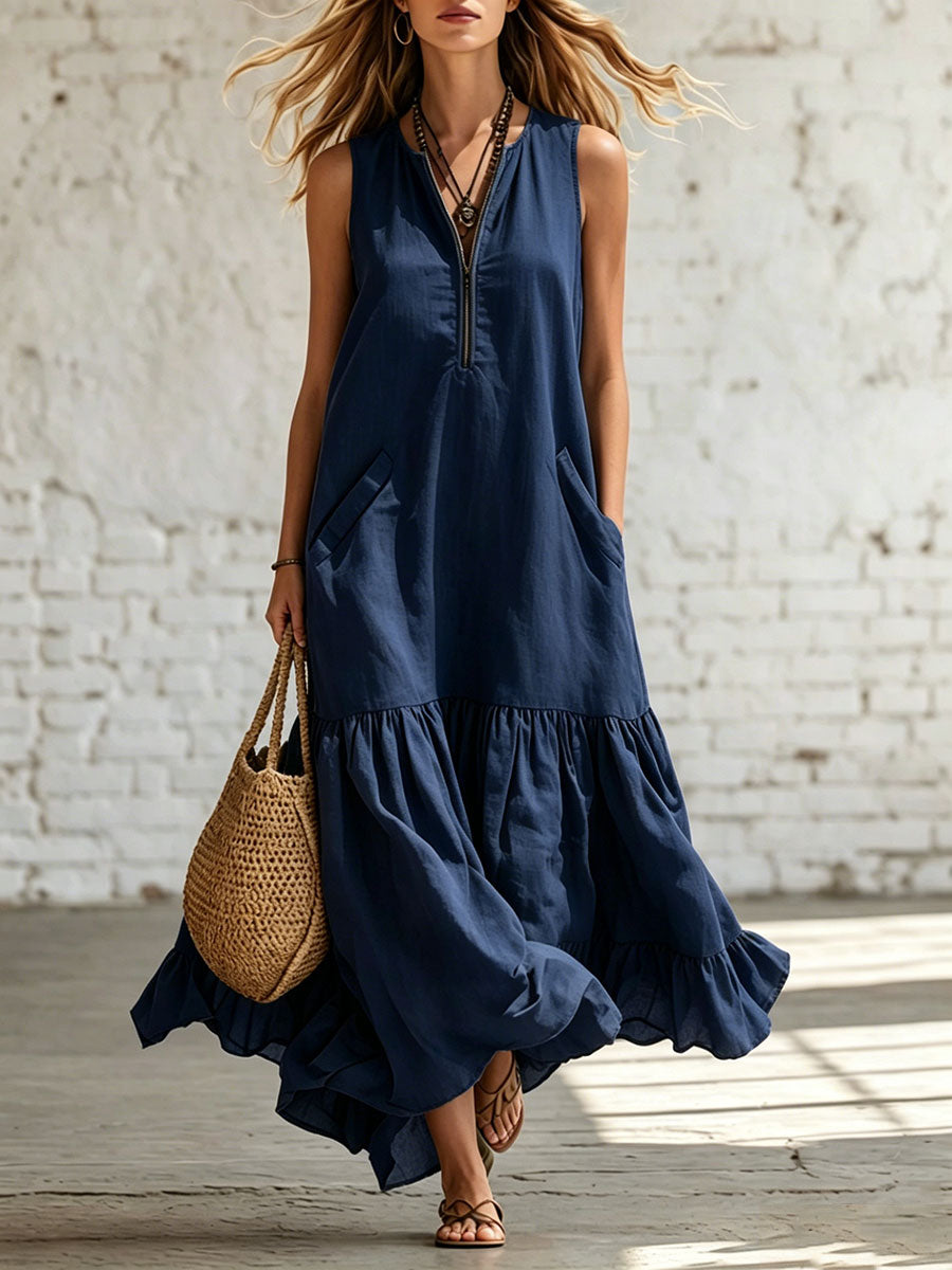 Women's Solid-color Ruffled Sleeveless Dress