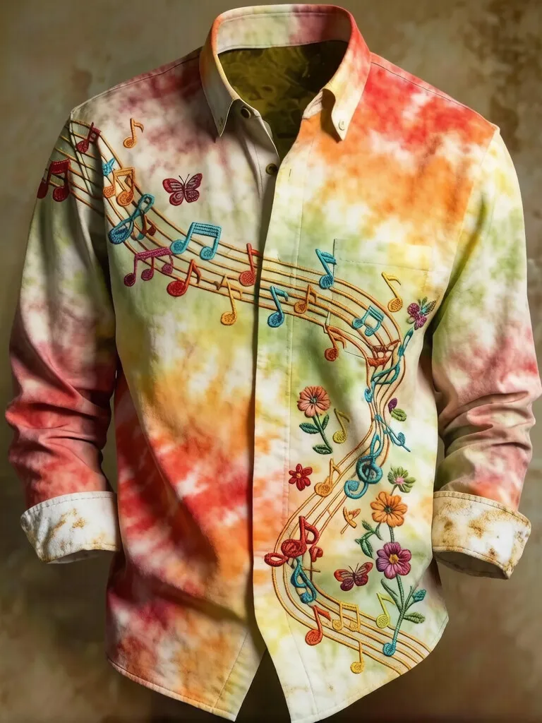 Men's Tie Dye Floral Butterfly Musical Note Art Pattern Long Sleeve Shirt