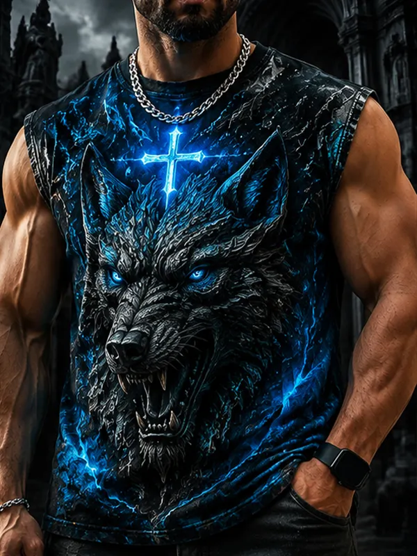 Men's Lightning Wolf Glowing Cross Art Print Tank Top