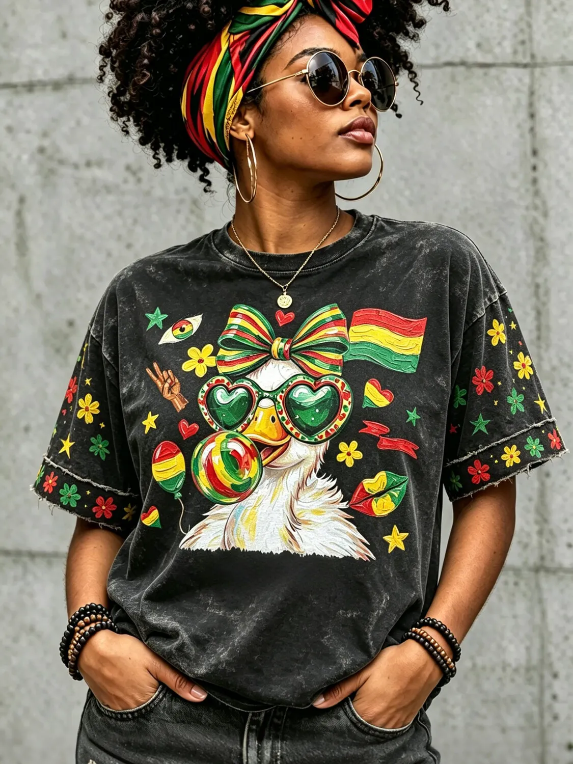 Women's Funny Duck Wearing Sunglasses Reggae Hippie Art Print Casual T-Shirt
