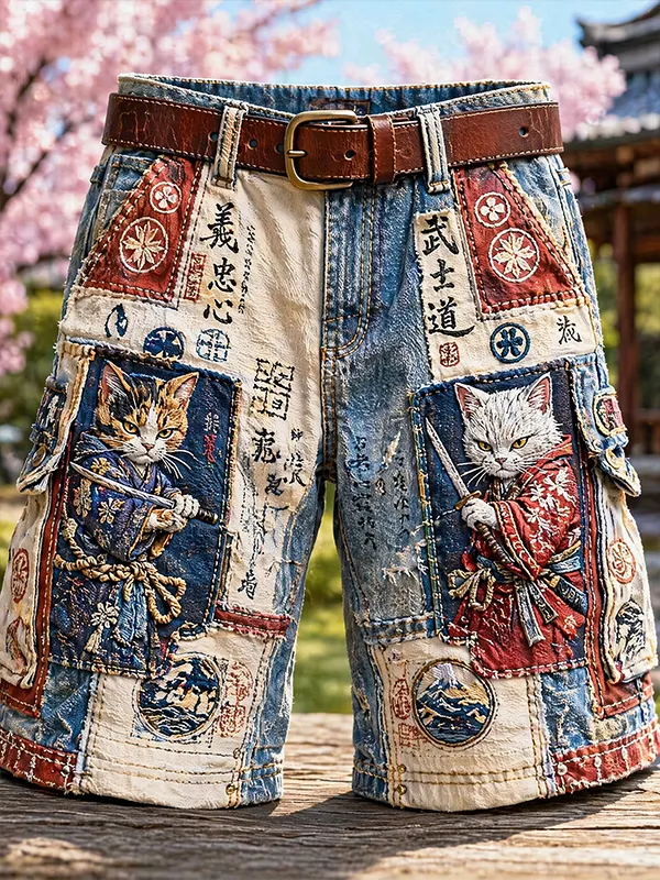 Men's Distressed Patchwork Samurai Cat Japanese Calligraphy Art Print Casual Shorts