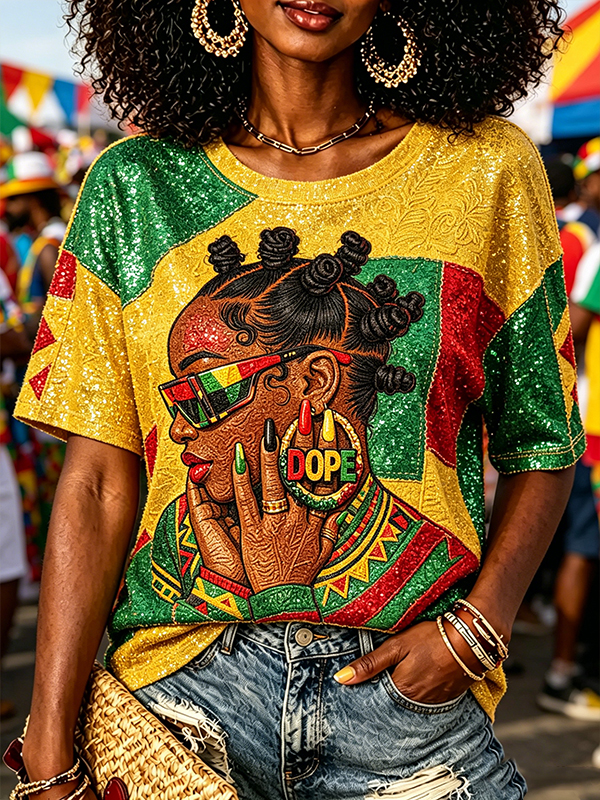 Women's Reggae Vibes DOPE Woman Profile Glitter Art Print Casual T-Shirt