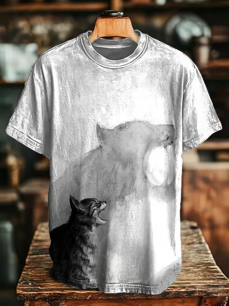 Men's Ink Wash Cat Moon Vintage Art Print T-Shirt