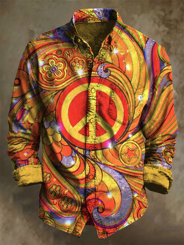 Men's Vintage Hippie Peace Sign Swirl Art Print Pocket Long Sleeve Shirt