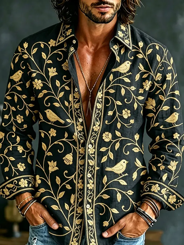 Men's Bird Floral Art Print Long Sleeve Shirt