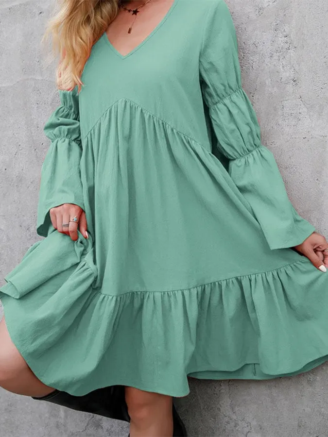 Women's Bohemian Loose Ruffle Long Sleeve Midi Dress