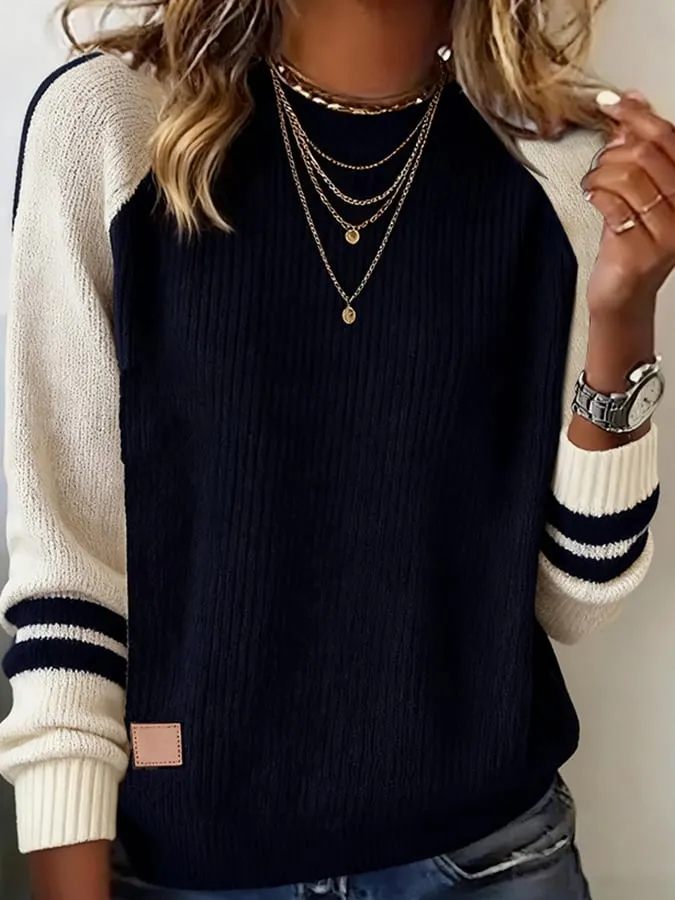Women'S Autumn And Winter Round Neck Long Sleeve Contrast Color Sweater