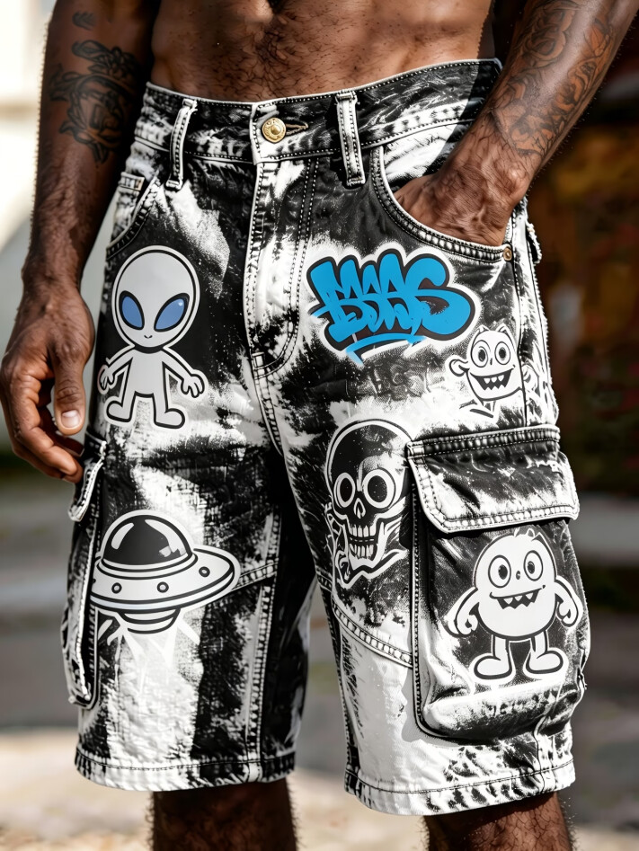 Men's Vintage Tie Dye Alien Ufo Graffiti Print Cargo Shorts
