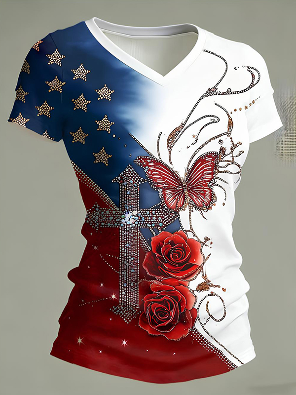 Women's Independence Day Rhinestone Floral Cross Butterfly Print Casual V Neck T-Shirt