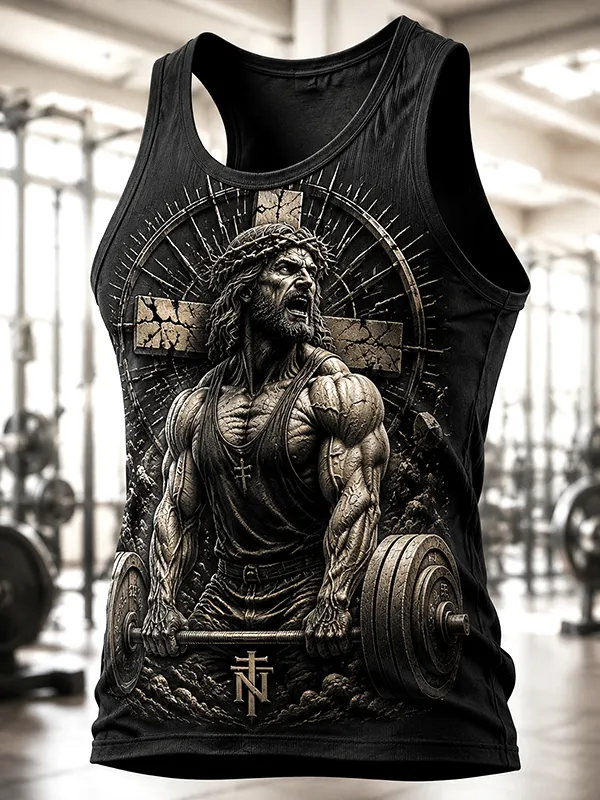 Men's Jesus Deadlift At The Gym The Power Of Faith Print Tank Top