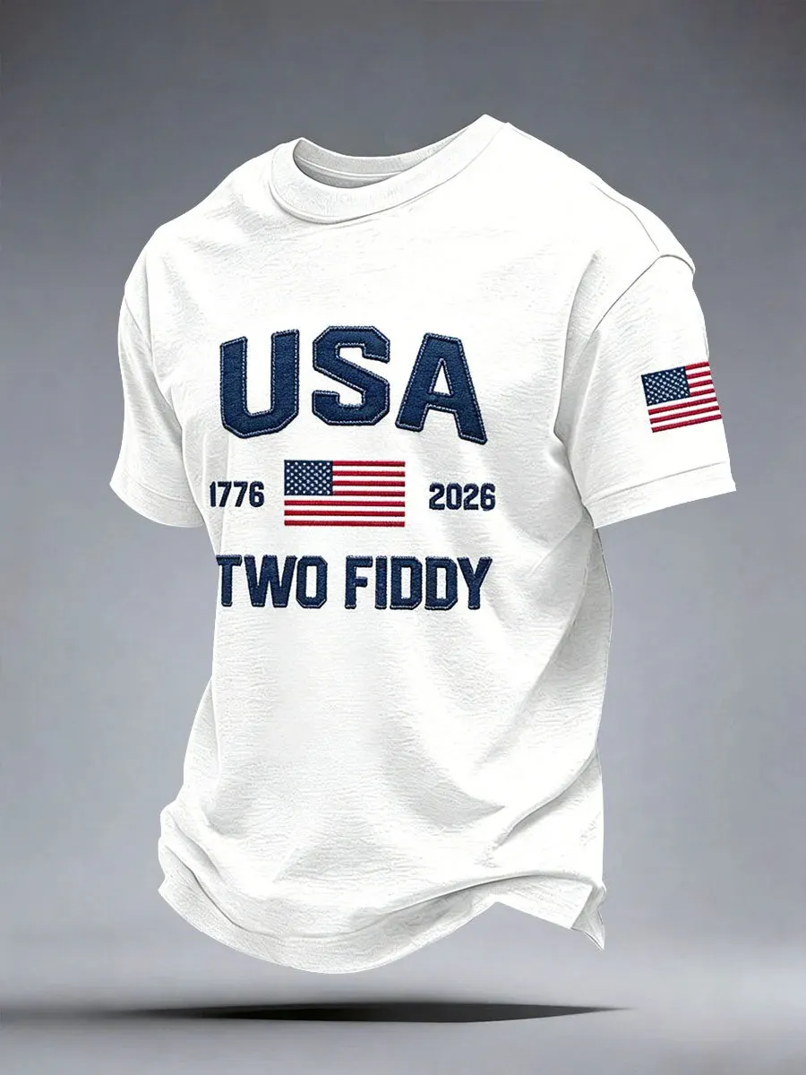 Men's USA 1776 Two Fiddy Frayed Letter Patch American Flag Print Cotton Casual T-Shirt