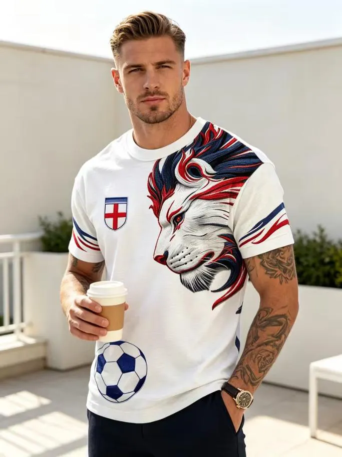 Men's England St George Cross Lion Head Soccer Print T-Shirt