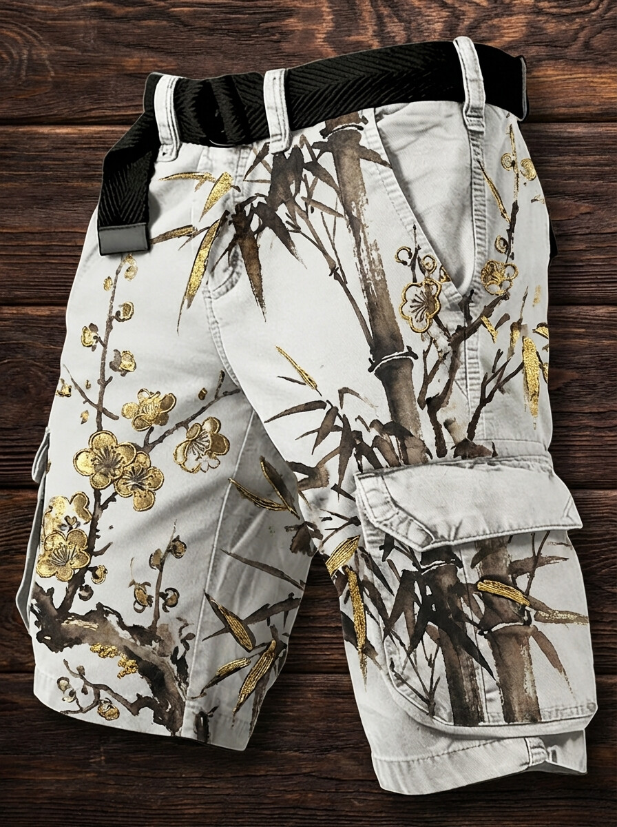 Men's Japanese Art Floral Bamboo Printed Denim-Like Cargo Shorts