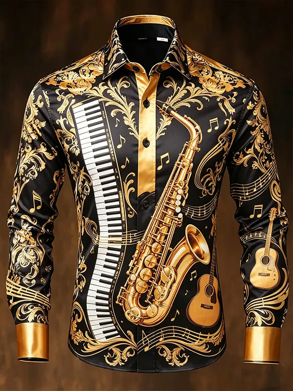 Men's Retro Luxury Music Print Long Sleeve Shirt